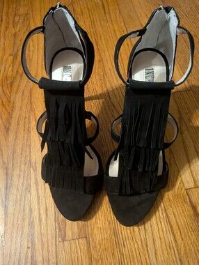 INC International Concept "Saygeblk" Fringe Open Toed High Heels Black Size 8